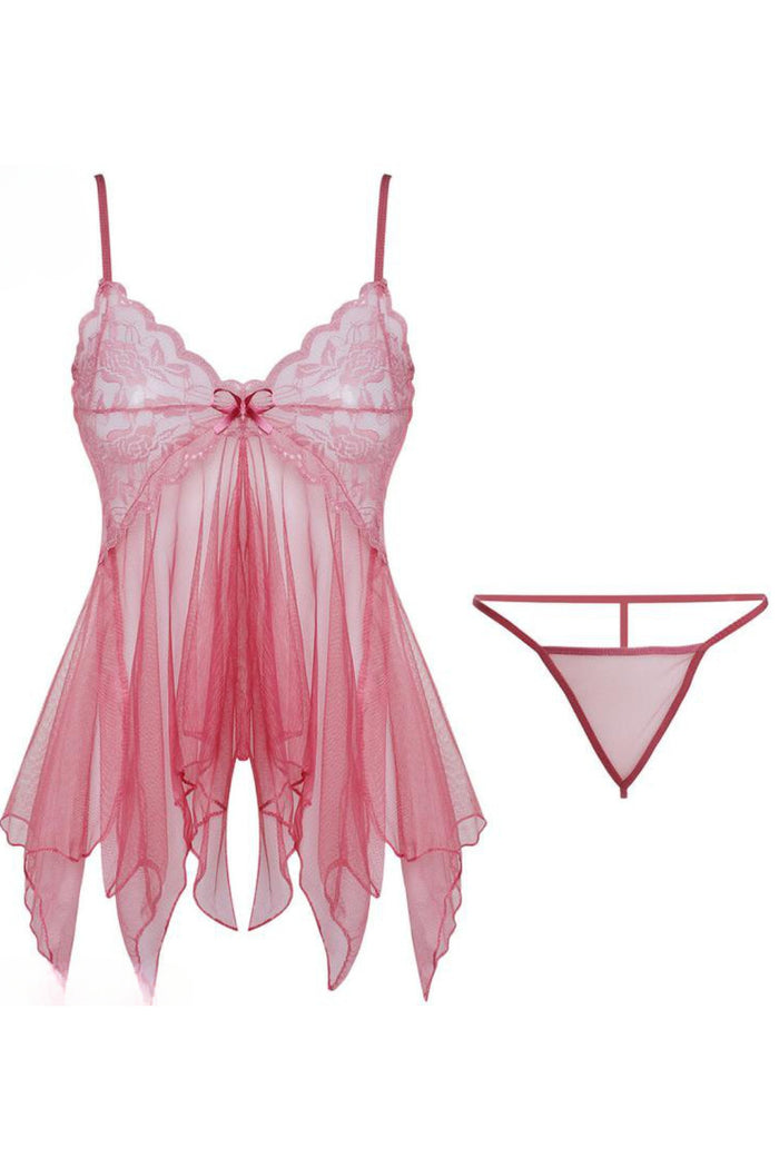 Pink V Neck Straps Lace Illusion Lingerie
