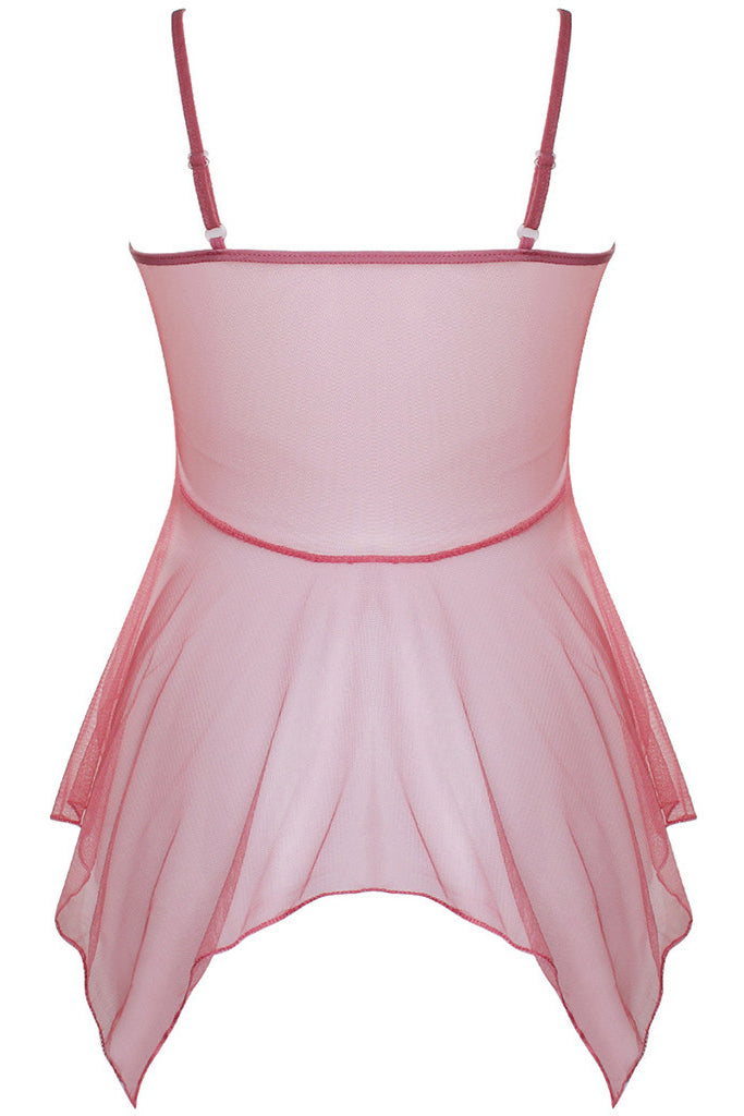 Pink V Neck Straps Lace Illusion Lingerie