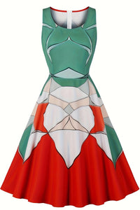 Green and Red Sleeveless A-line  Vintage Dress