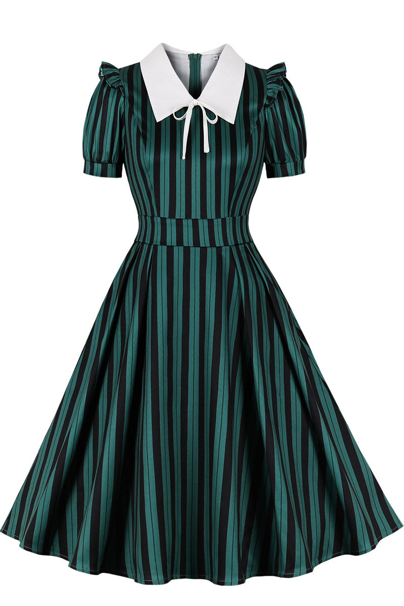 Green Shirt Collar Stripes A-line Vintage Dress