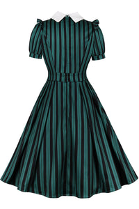 Green Shirt Collar Stripes A-line Vintage Dress