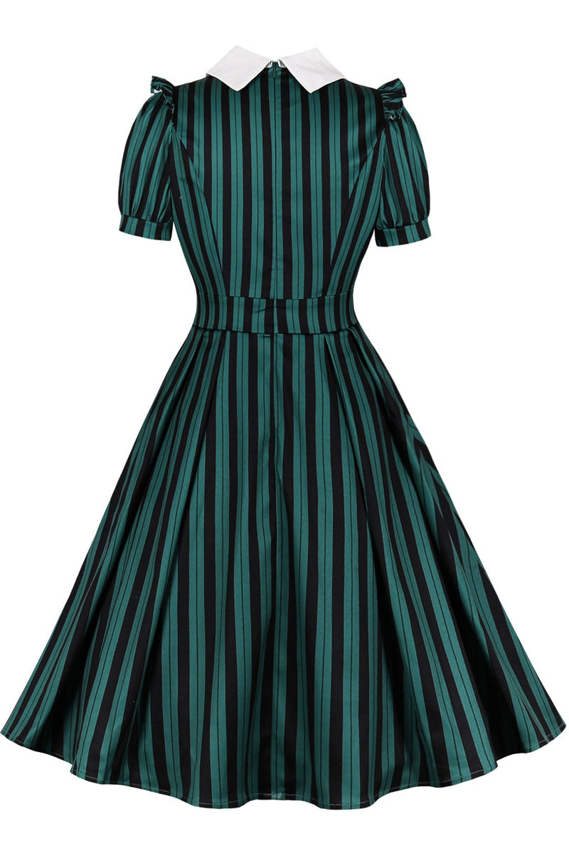 Green Shirt Collar Stripes A-line Vintage Dress