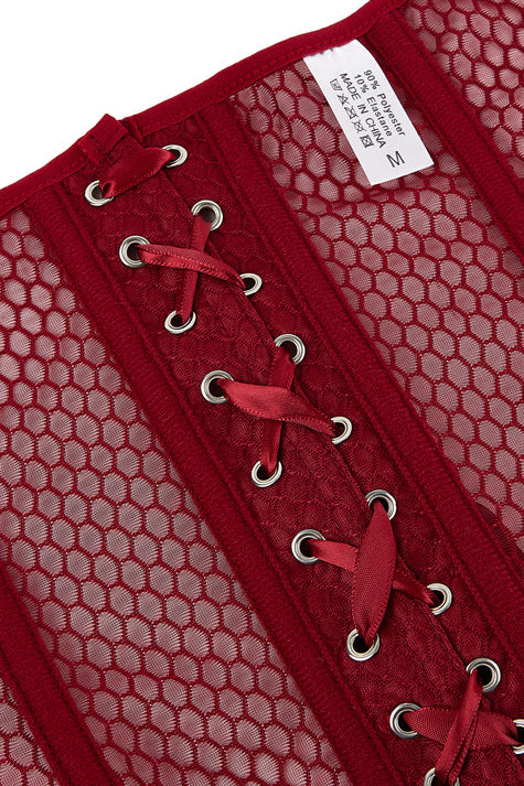 Red Strapless Mesh Lace-Up Bustier Corset Top