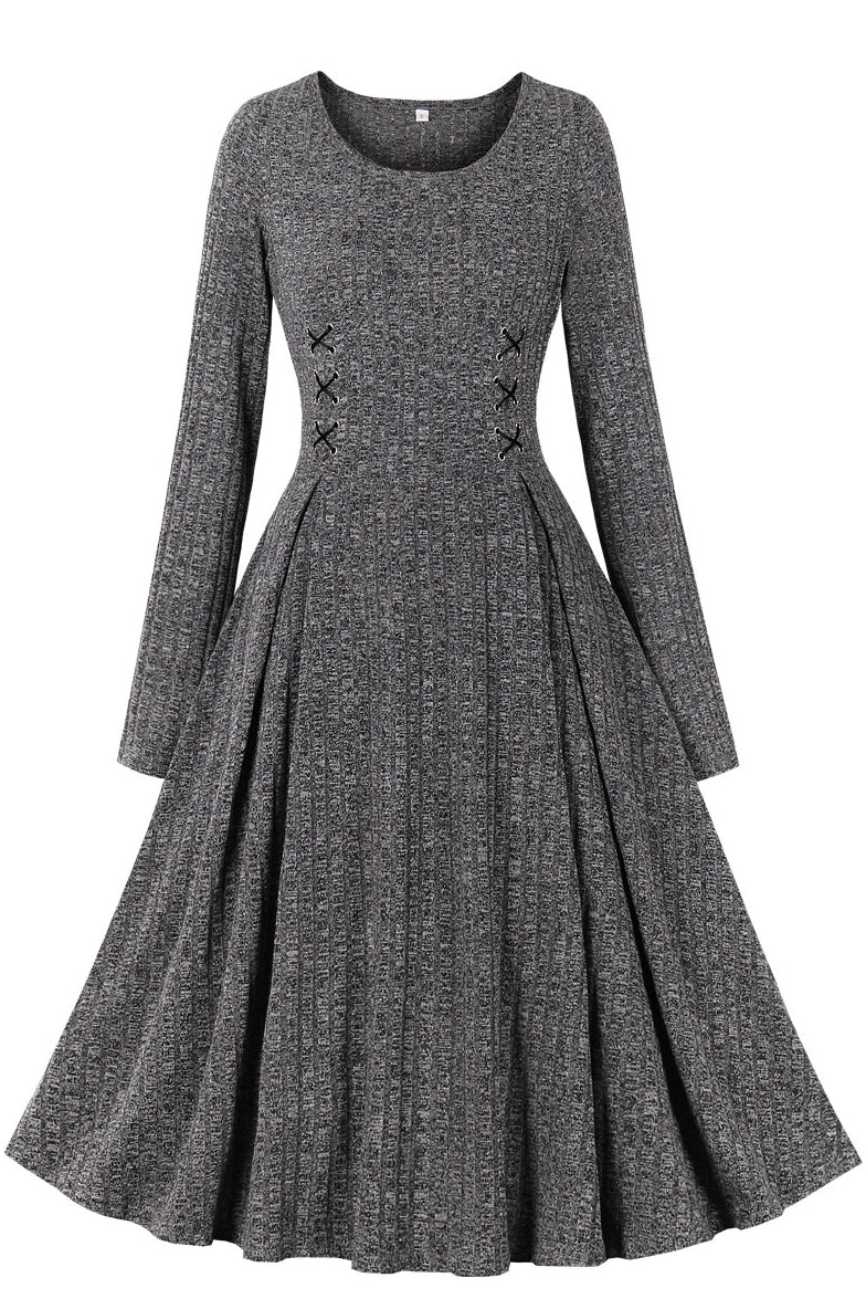 Grey Long Sleeves A-line Knitted Vintage Dress