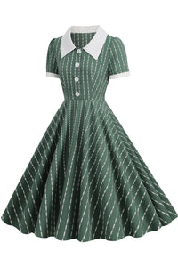 Herbene Green Striped Shirt Collar Dress with Short Sleeves