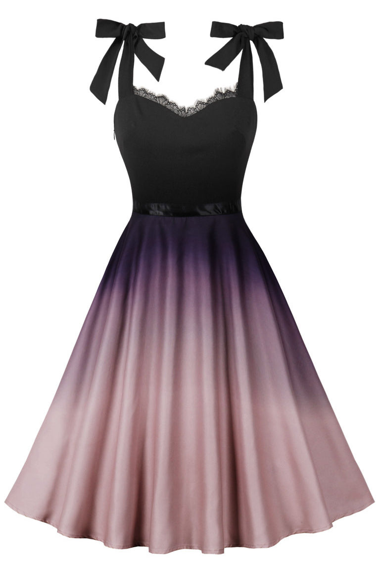 Pink Gradient Bow Tie Straps A-line Vintage Dress
