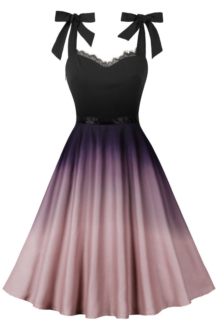 Pink Gradient Bow Tie Straps A-line Vintage Dress
