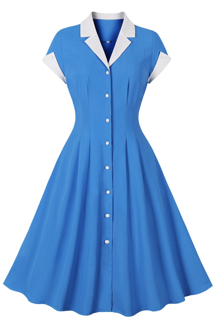 Herbene Blue Lapel A-line Vintage Dress