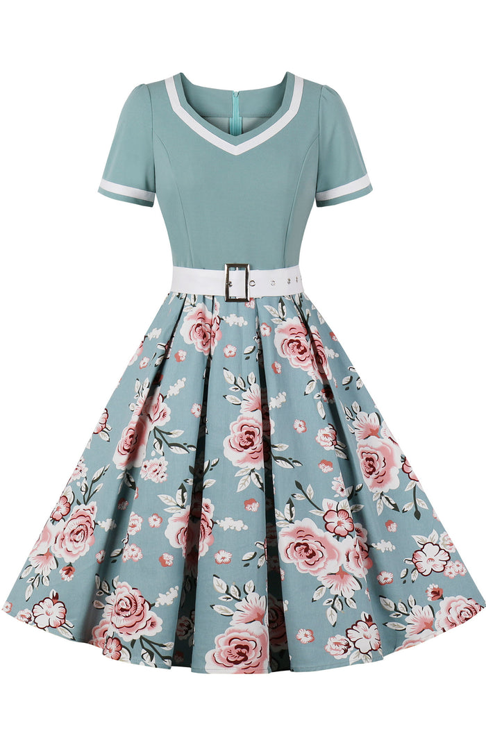 Sage Green V Neck A-line Floral Vintage Dress with Belt
