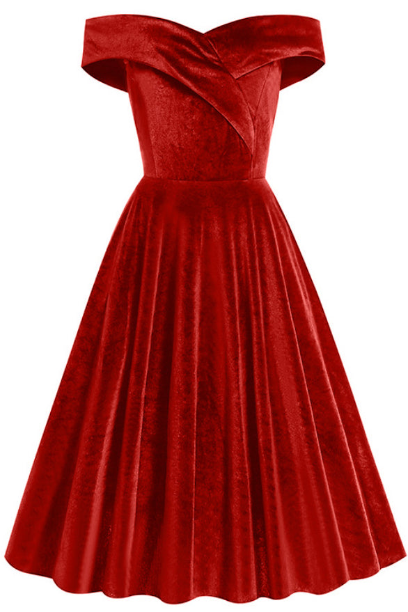 Red Off-Shoulder Velvet A-line Vintage Dress – Dreamdressy