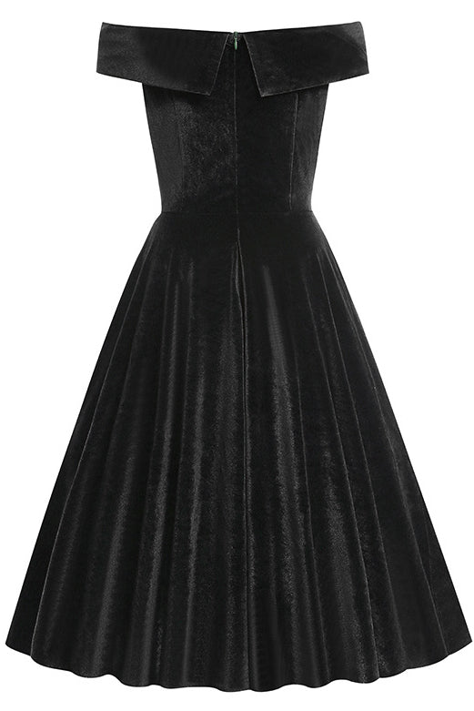 Black Off-Shoulder Velvet A-line Vintage Dress