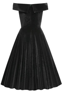 Black Off-Shoulder Velvet A-line Vintage Dress