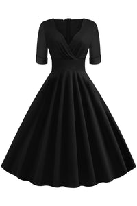 Black Surplice A-line Short Sleeves Vintage Dress