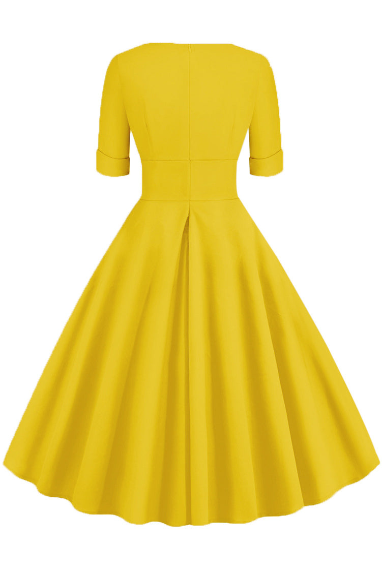 Yellow Surplice A-line Short Sleeves Vintage Dress