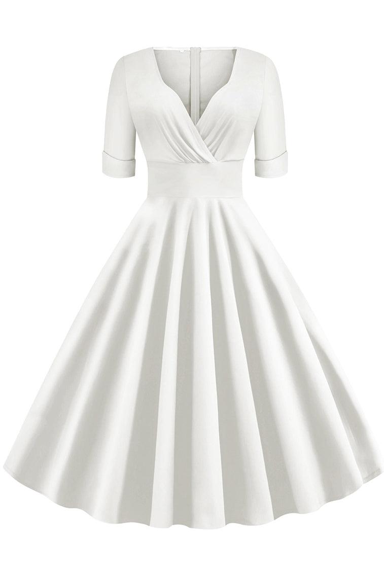 White Surplice A-line Short Sleeves Vintage Dress
