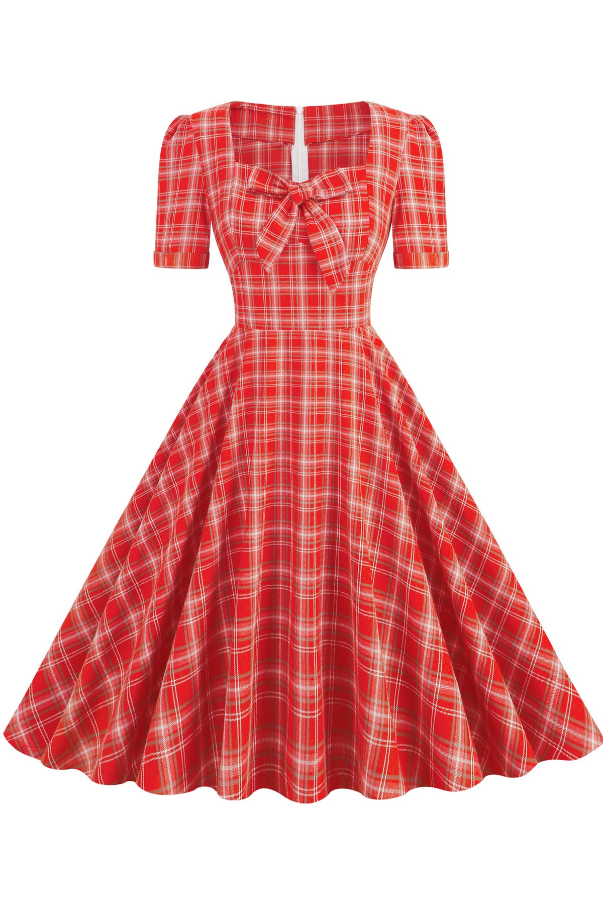 Herbene Red Plaid A-line Dress with Bow