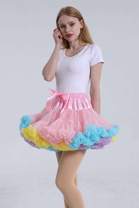 Pink Tulle Tutu Min Petticoat with Multi-Colored Hemline