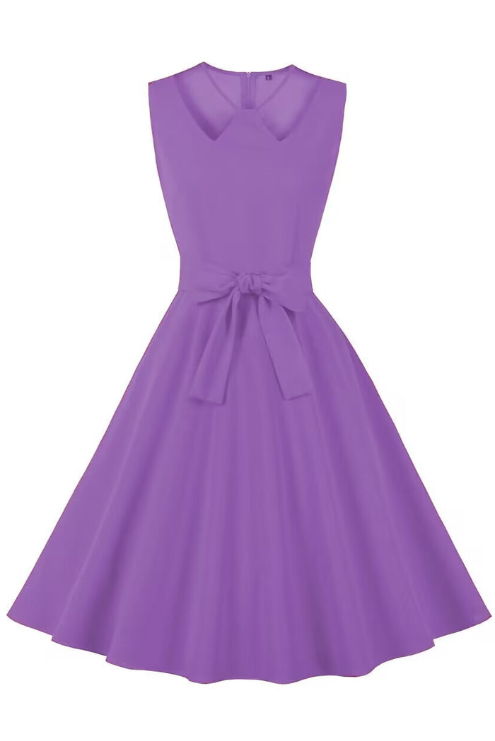 Lavender Sleeveless A-line Bow Tie Sash Vintage Dress
