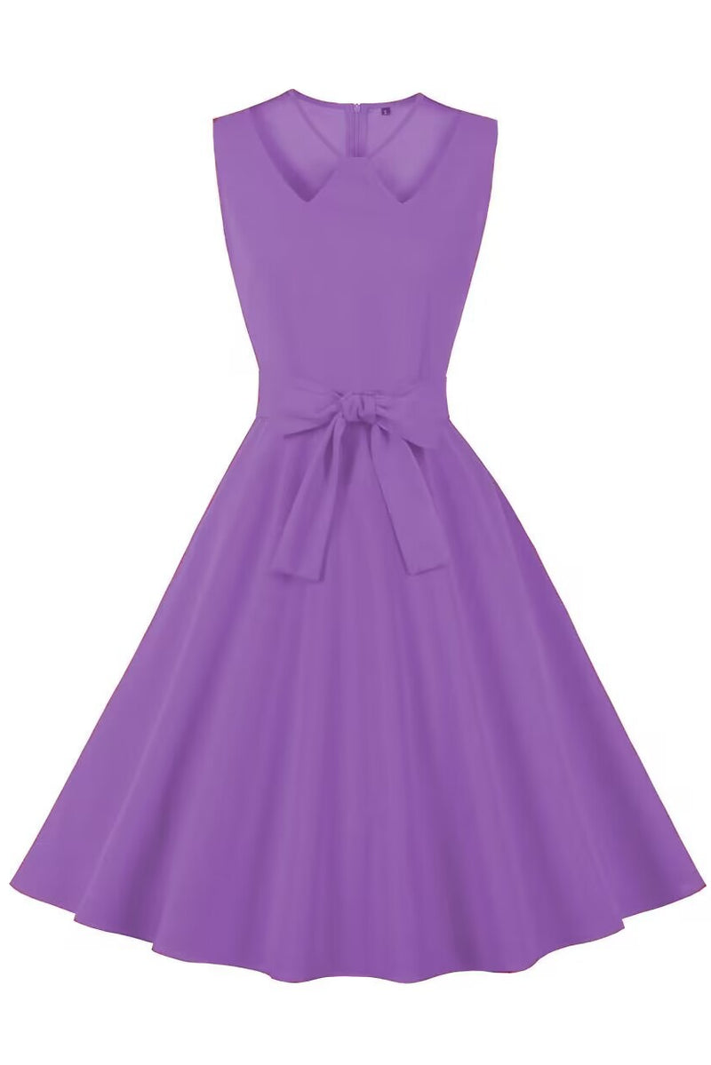 Lavender Sleeveless A-line Bow Tie Sash Vintage Dress