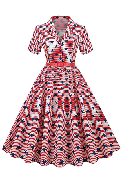 6 Style National Flag Lapel A-line Vintage Dress