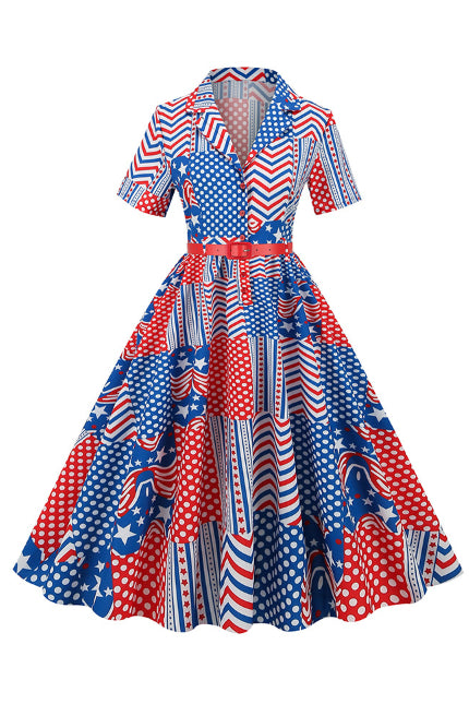 6 Style National Flag Lapel A-line Vintage Dress