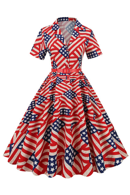 6 Style National Flag Lapel A-line Vintage Dress