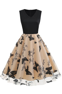 Apricot Butterfly Sleeveless A-line Vintage Dress