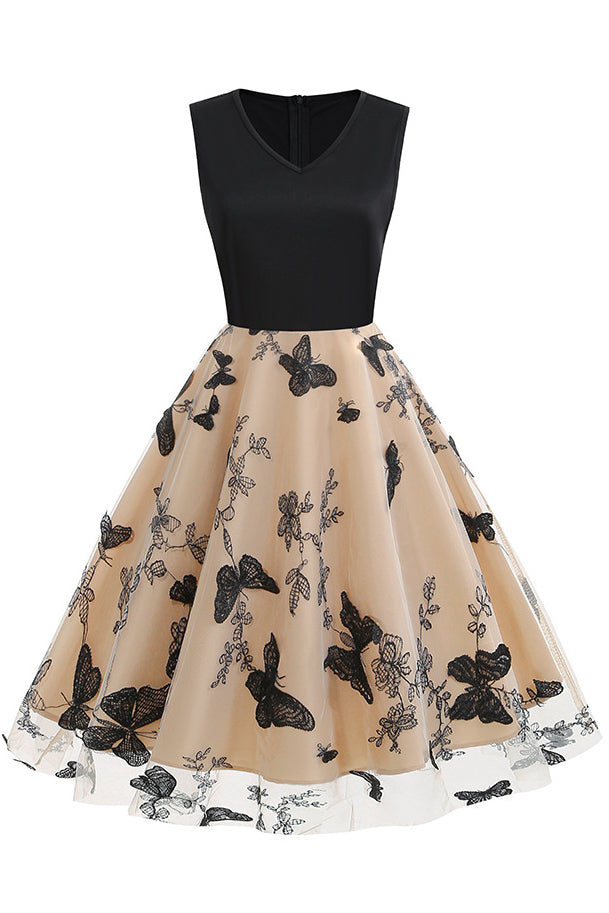 Apricot Butterfly Sleeveless A-line Vintage Dress