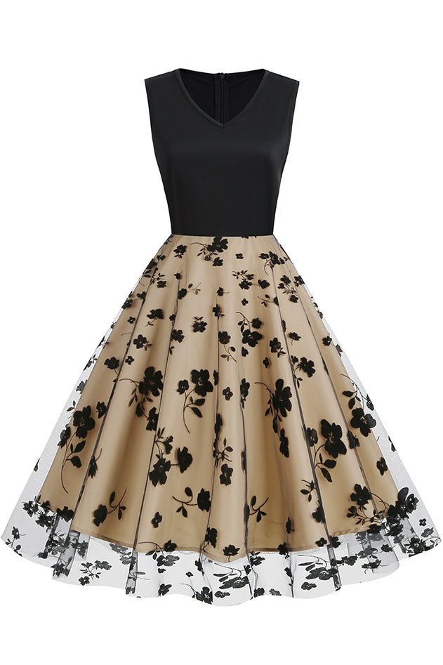 Apricot Floral Sleeveless A-line Vintage Dress