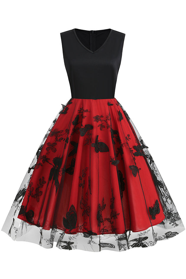 Red Butterfly Sleeveless A-line Vintage Dress