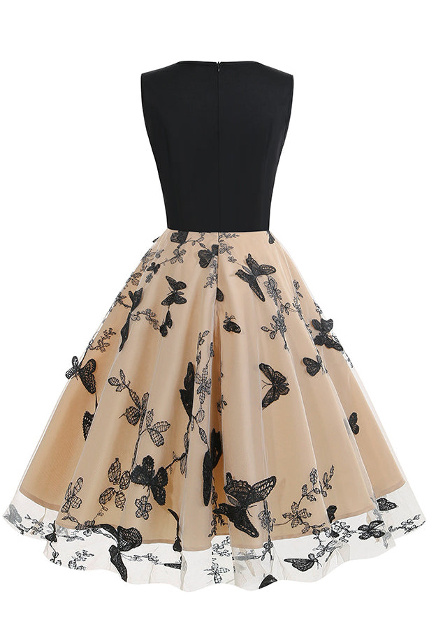 Apricot Butterfly Sleeveless A-line Vintage Dress