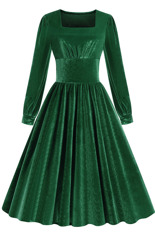 Green Velvet Long Sleeves Square Neck A-line Vintage Dress