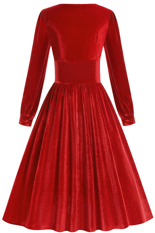 Red Velvet Long Sleeves Square Neck A-line Vintage Dress