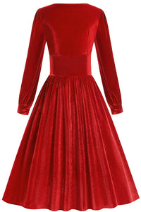 Red Velvet Long Sleeves Square Neck A-line Vintage Dress