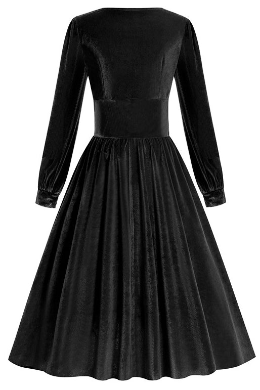 Black Velvet Long Sleeves Square Neck A-line Vintage Dress