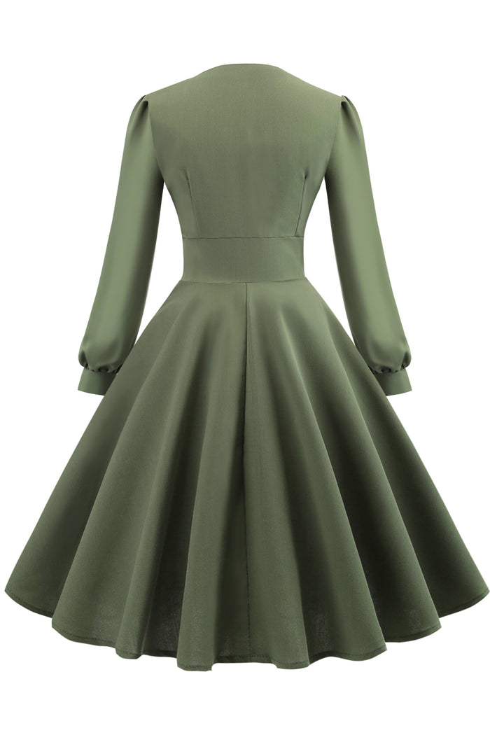 Dusty Sage Long Sleeves Buttons A-line Vinatge Dress