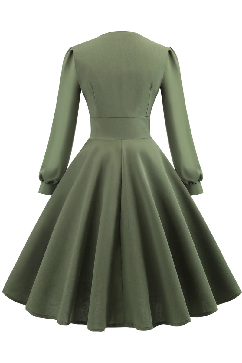 Dusty Sage Long Sleeves Buttons A-line Vinatge Dress