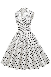 White Lapel Dotted Sleeveless A-line Vintage Dress