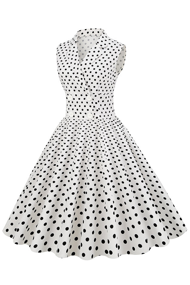 White Lapel Dotted Sleeveless A-line Vintage Dress