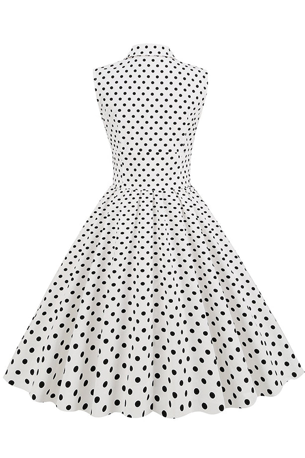 White Lapel Dotted Sleeveless A-line Vintage Dress