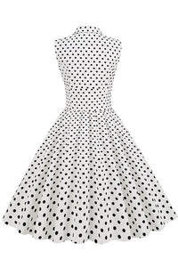 White Lapel Dotted Sleeveless A-line Vintage Dress