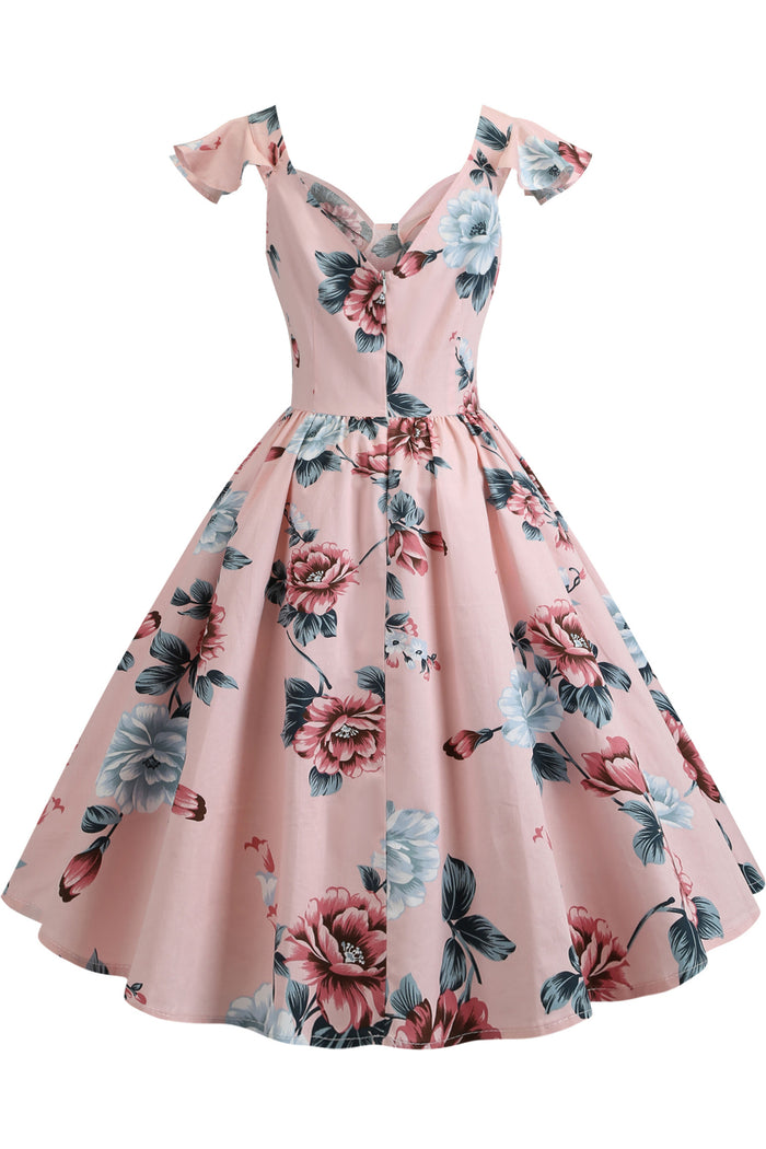 Pink Floral Flutter Sleeves A-line Vintage Dress