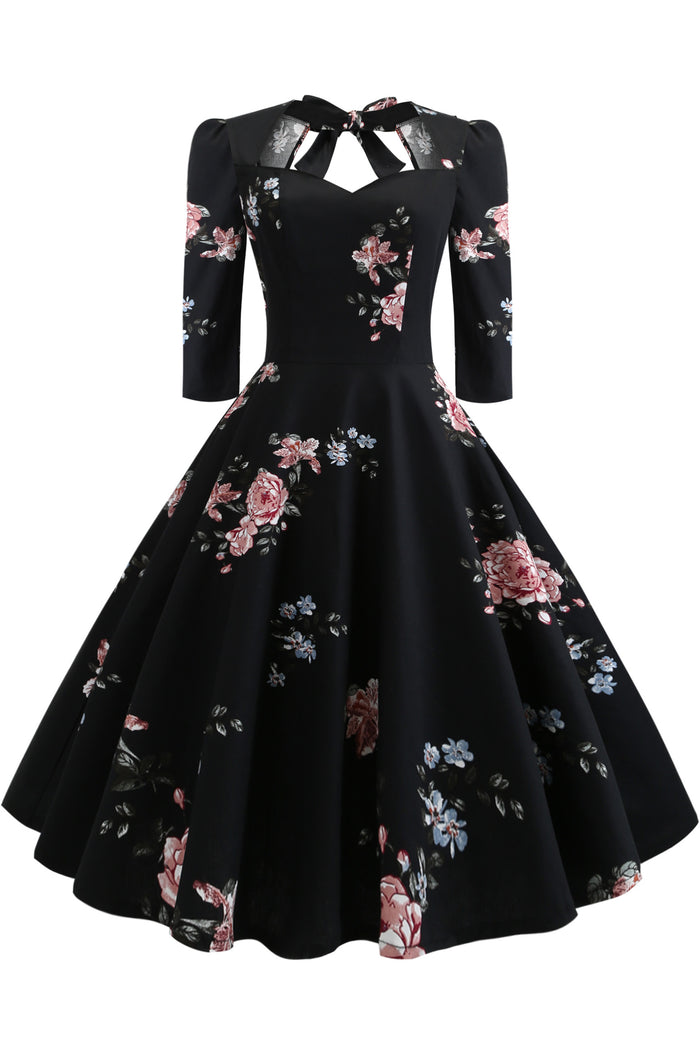 3 Styles Floral 1/2 Sleeves A-line Vintage Dress