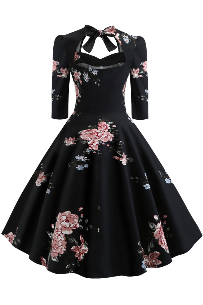 3 Styles Floral 1/2 Sleeves A-line Vintage Dress