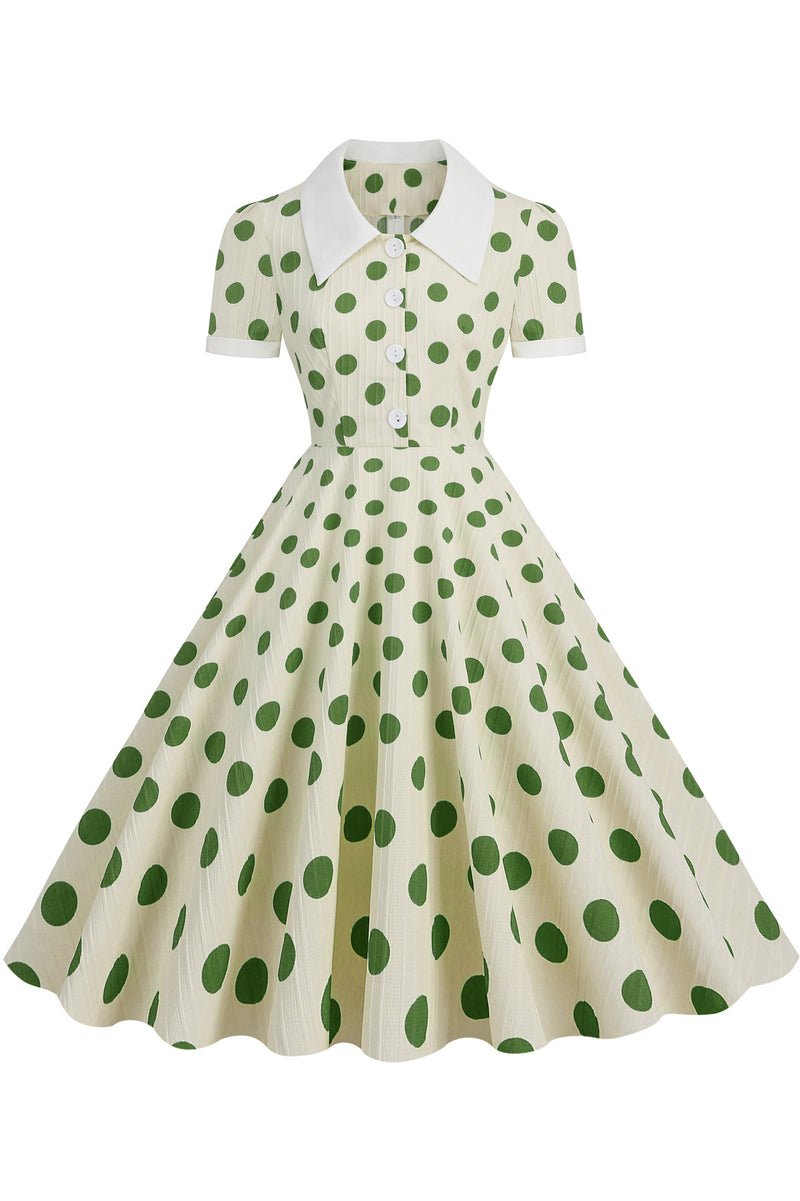 Herbene Apricot Shirt Collar A-line Dress with Green Dot 