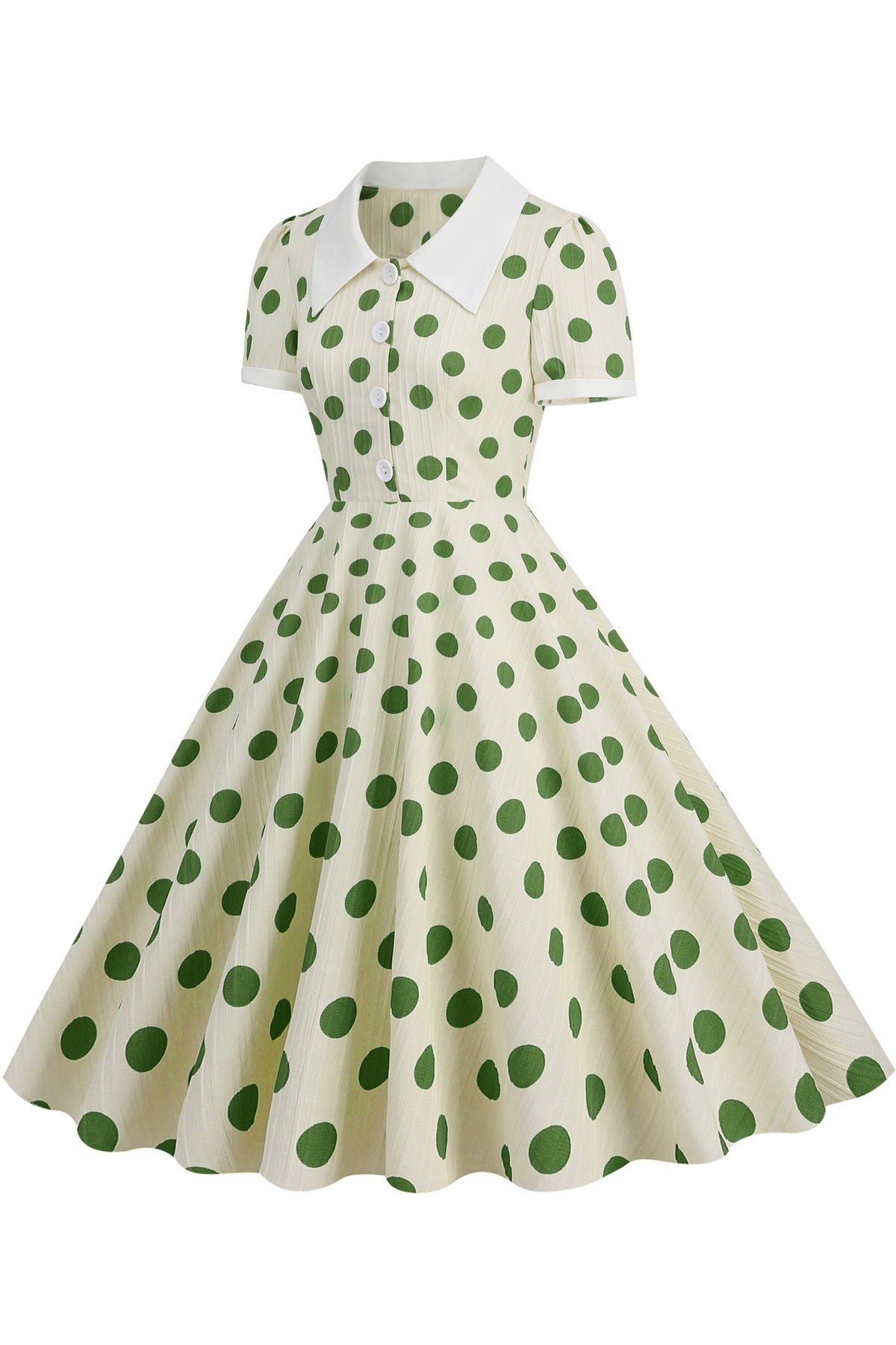 Herbene Apricot Shirt Collar A-line Dress with Green Dot