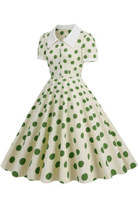 Herbene Apricot Shirt Collar A-line Dress with Green Dot