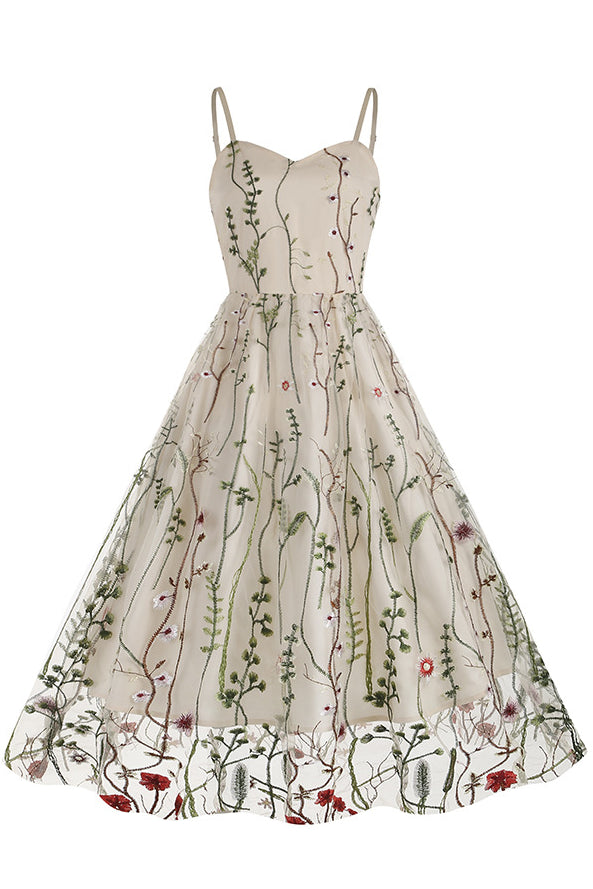 Apricot Spaghetti Straps Embroidery A-line Vintage Dress