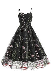 Black Spaghetti Straps Embroidery A-line Vintage Dress