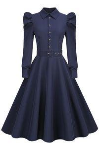 Dark Navy Long Sleeves Shirt Collar A-line Vintage Dress with Belt